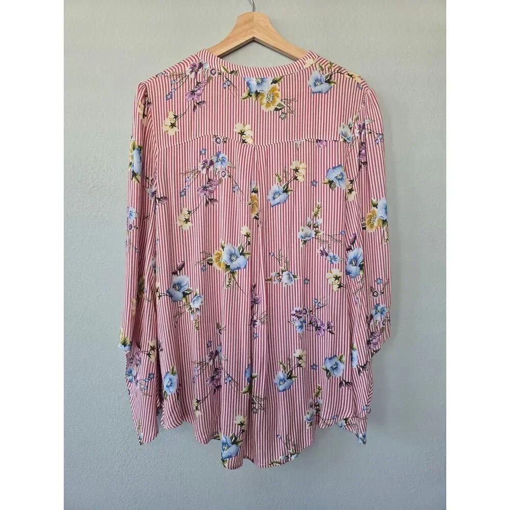 ODDI Floral Stripe Twist Front Blouse L Boho High Low Bell Sleeve Top Open Front - Picture 5 of 8